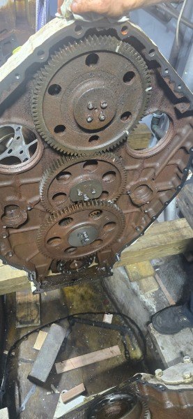 Marine diesel rear gear train and timing components exposed for service